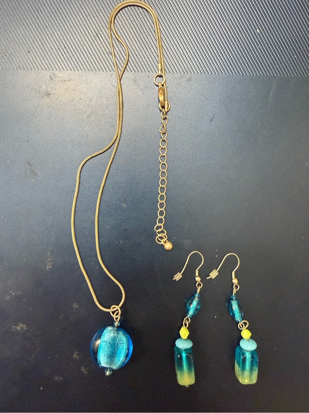 Gold Chain Necklace and Teal-Blue Gradient Glass Earrings Set